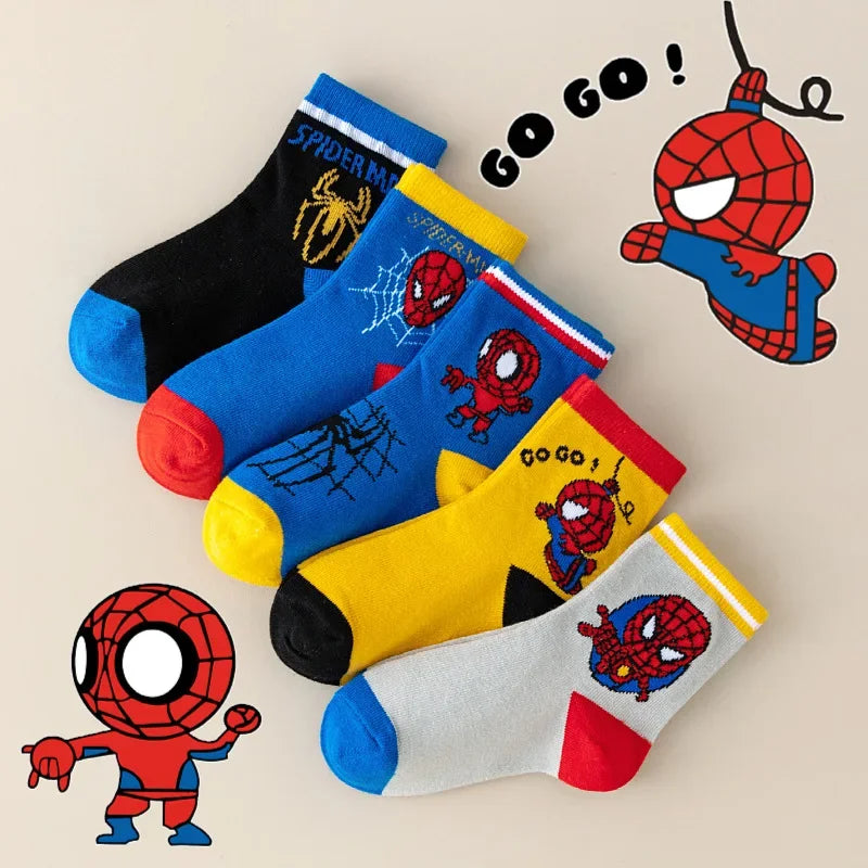 MARVEL Spiderman 5 Pairs Children's Socks Kawaii Soft Anime Socks Kids Boys Socks MiddleTube Cartoon Baby Socks 1-12 Y