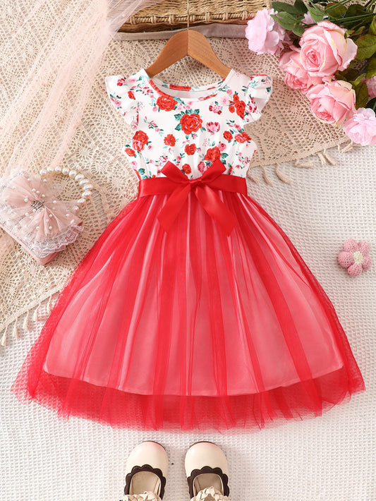 Girls' Spring and Summer Casual Fashion Knitted Round Neck Sleeveless Flutter Sleeve Ruffle Floral Print Mesh Dress Beach Vacation Party Gift