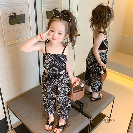 Summer Suit Thin Girls Suit Suspender Mosquito-proof Pants Two Pieces of Cute Girl Children's Clothes