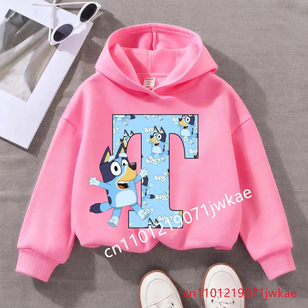 Kids Bluey Letter ABCD Pattern Printing Hooded Sweatshirt Fall Winter Warm Soft Pullover Comfortable Playwear for Boys Girls