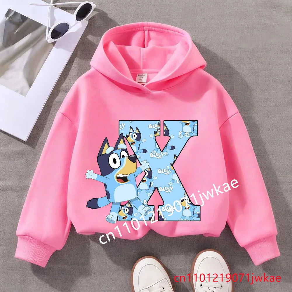 Kids Bluey Letter ABCD Pattern Printing Hooded Sweatshirt Fall Winter Warm Soft Pullover Comfortable Playwear for Boys Girls