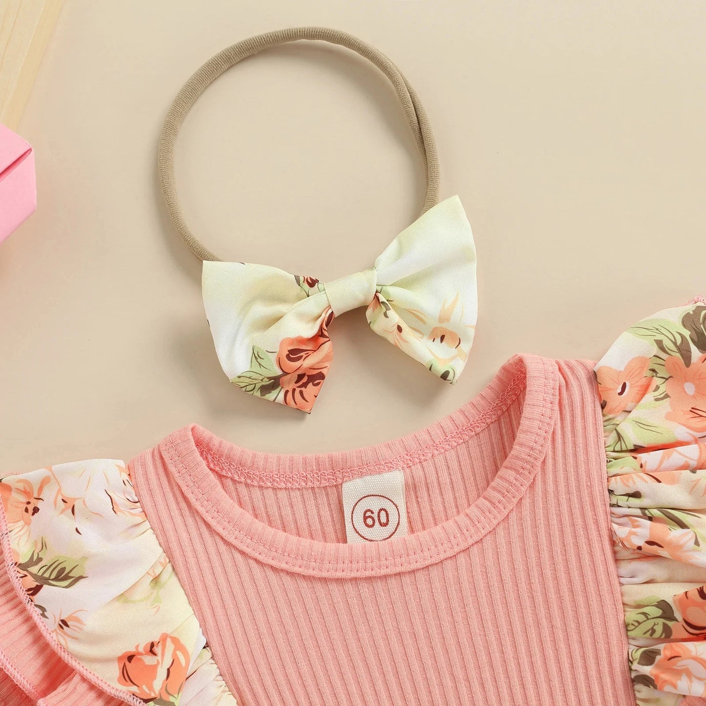 Summer Infant Baby Girls Dress Flying Sleeve Bodysuit + Bow Headband Flower Pattern Ruffle Sweet Style Clothing