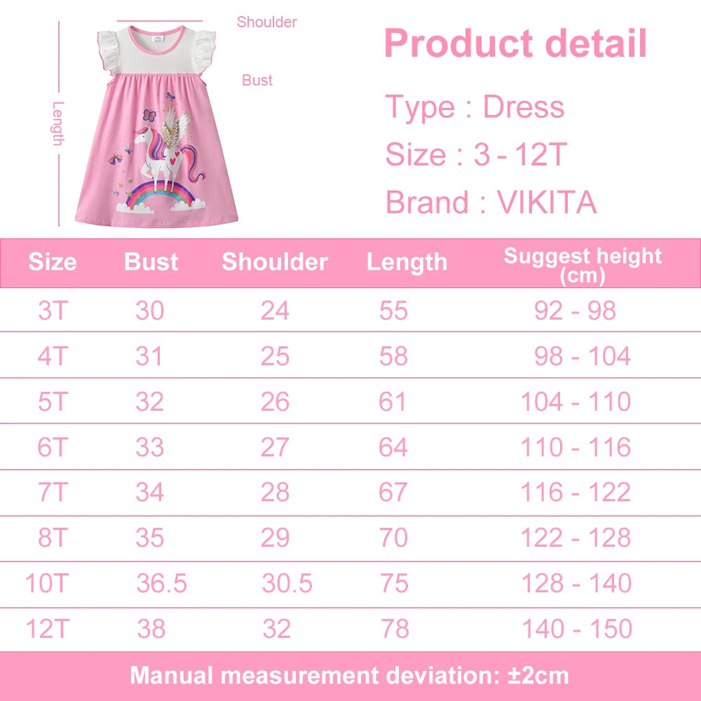 VIKITA Girls Unicorn Rainbow Butterfly Print Flare Sleeve Dress Kids Pink Cotton Casual Daily School Princess Straight Vestidos