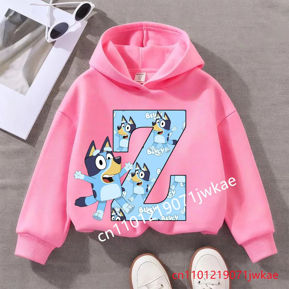 Kids Bluey Letter ABCD Pattern Printing Hooded Sweatshirt Fall Winter Warm Soft Pullover Comfortable Playwear for Boys Girls