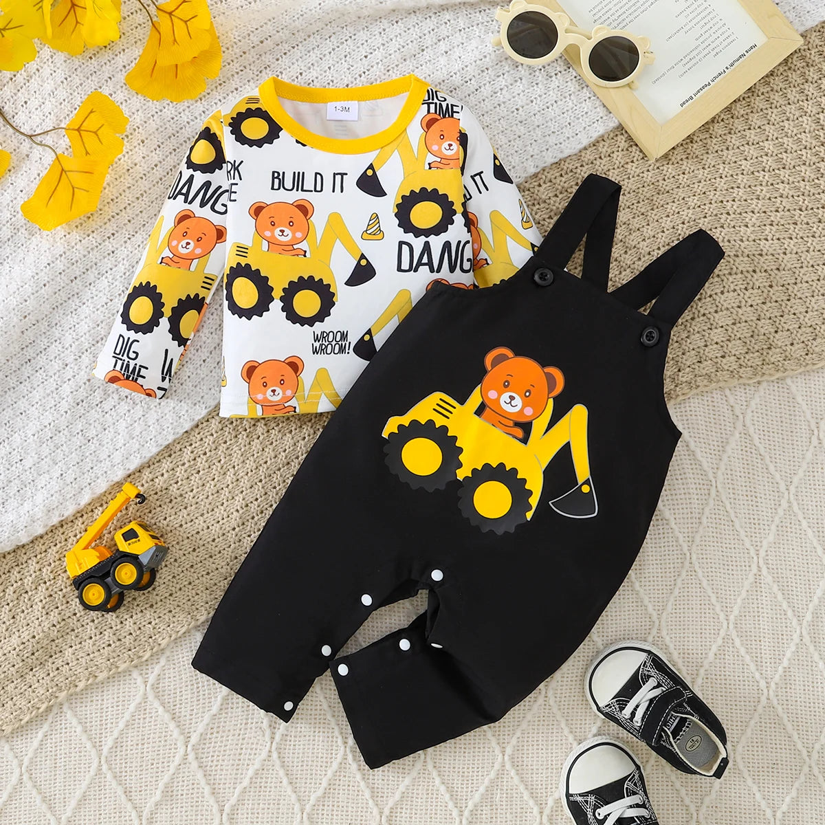 Construction Bear Print Top & Overalls Set | Spring Baby Boy Outfit with Snap Buttons 2-Piece