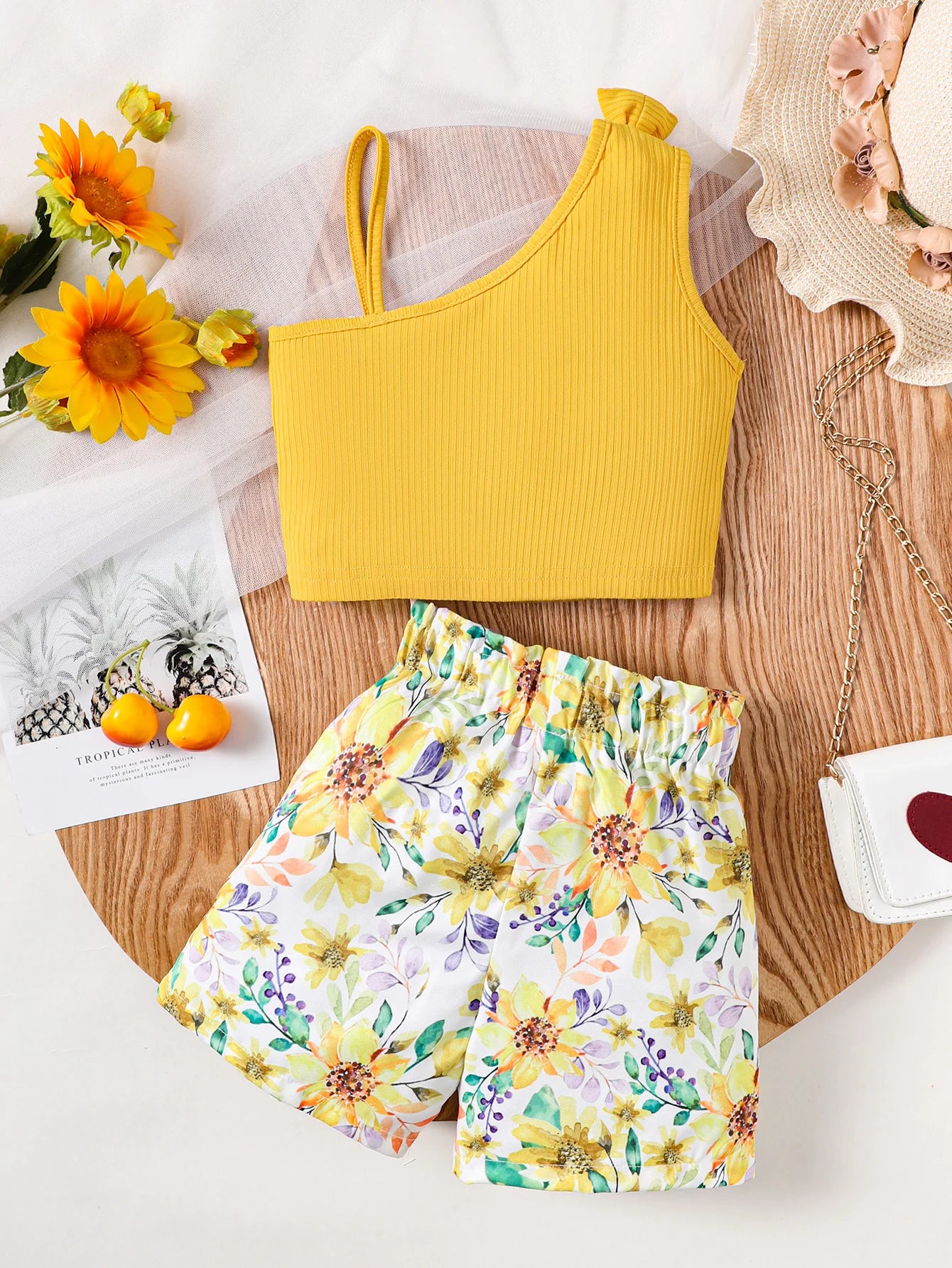 Summer Kids Girl Clothes Set Suspenders Bow Top+Flower Shorts Fashion Sense Design Party Costume For Child Girls 1-8 Years