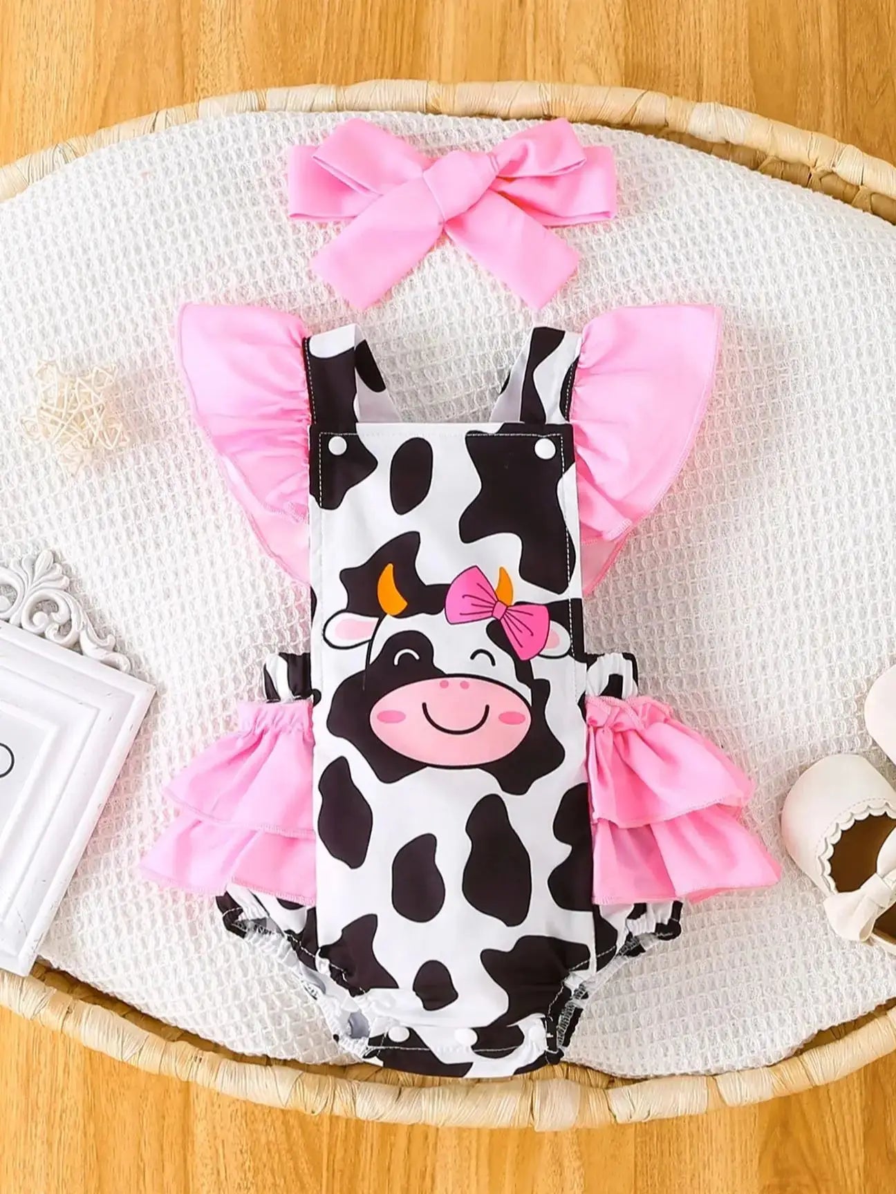 Baby Girl Cow Print Romper Set, Ruffled Sling Bodysuit with Pink Bow Headband, Cute Animal Infant Outfit