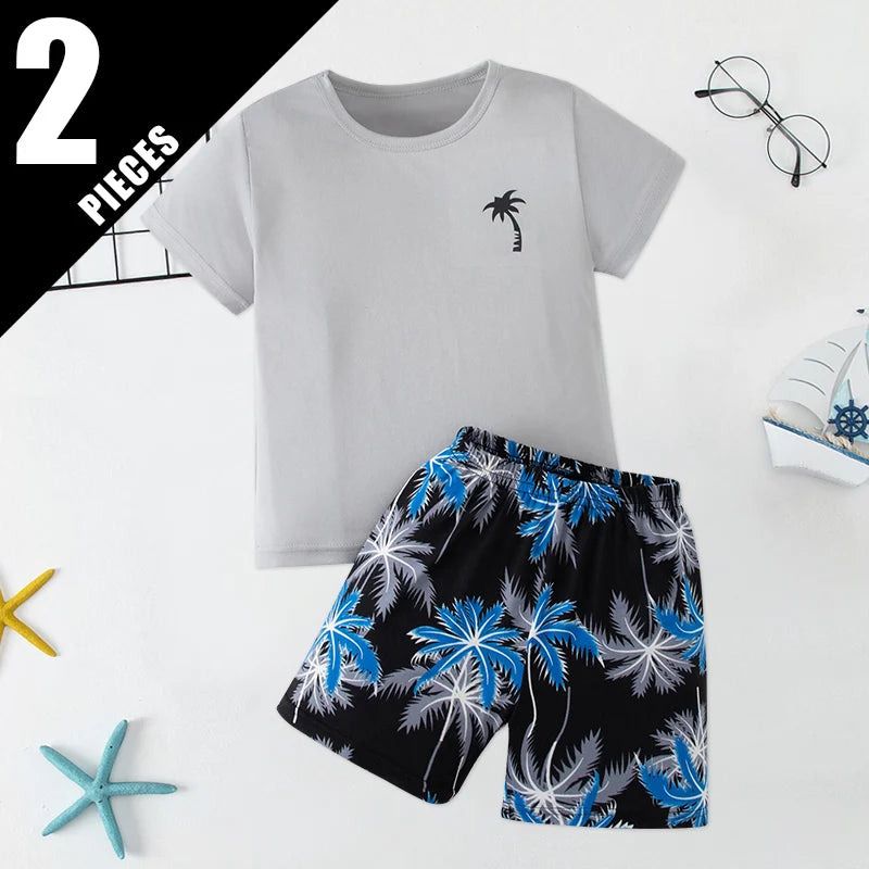 Children's summer leisure sports printed short sleeved shorts set, boys and girls vacation style fashionable T-shirt pants