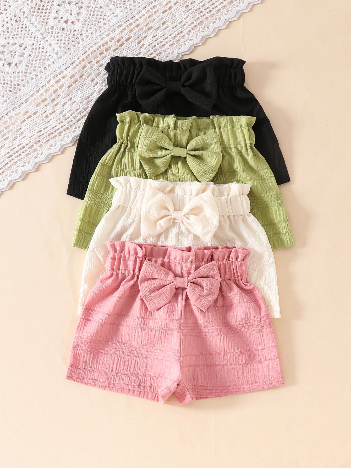 Girls' Casual Solid Color Polyester Shorts with 3D Bow Detail, Regular Fit Woven Fabric for Spring/Summer - 95% Polyester,