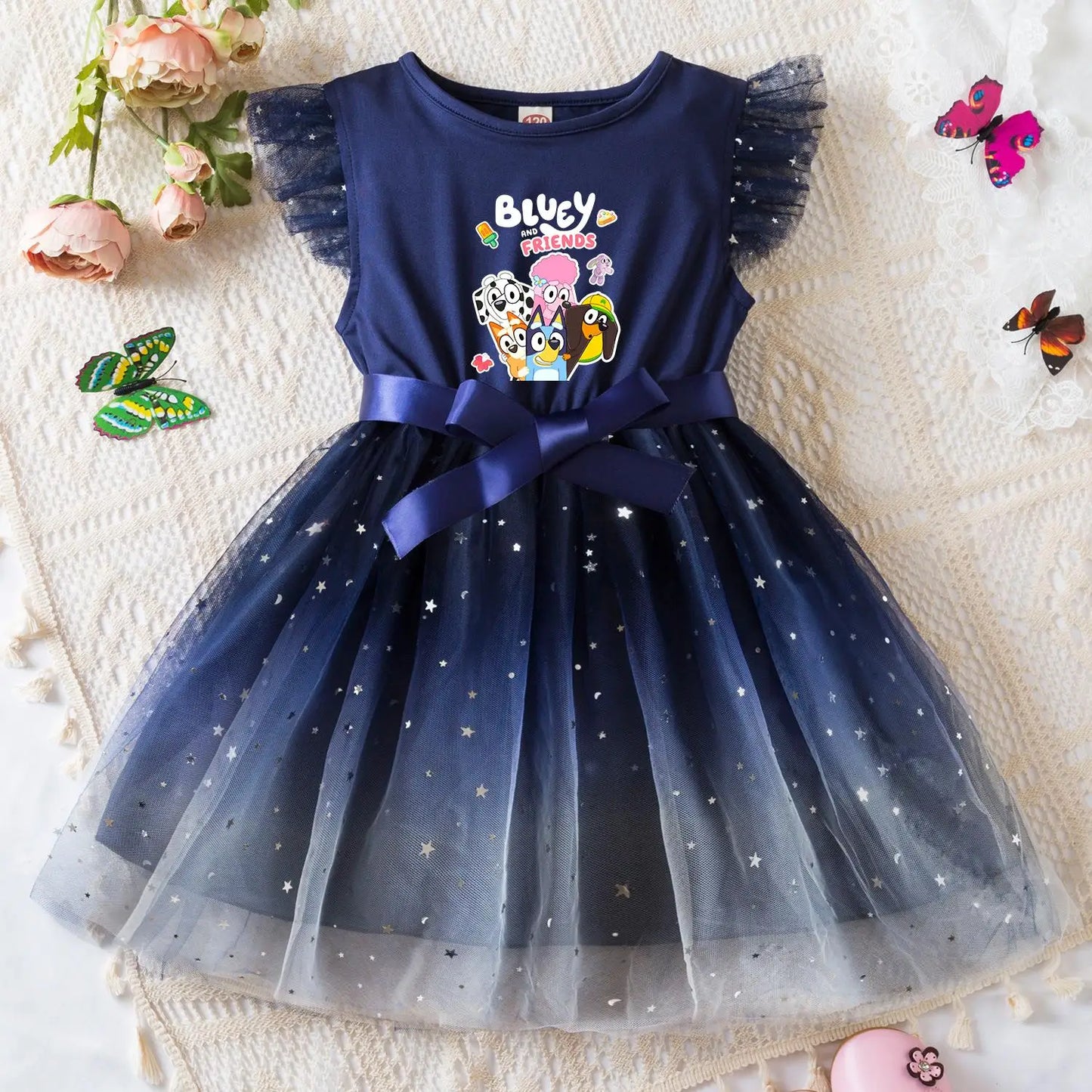Bluey Girls Sequin Tutu Dress with Bow Flutter Sleeves Summer Princess Party Outfit for Toddler Kids 2-6 Years