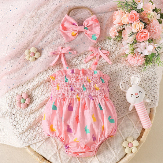 Newborn Baby Girl Rabbit Print Romper Set, Ruffled Sling Bodysuit with Bow Headband, Soft Cotton Summer Outfit for Infant