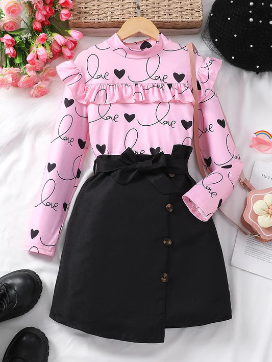 Autumn And Winter Girls' Fashion Trendy Daily Leisure Sweet And Cute Love Long Sleeve&Half Skirt Two Piece Set