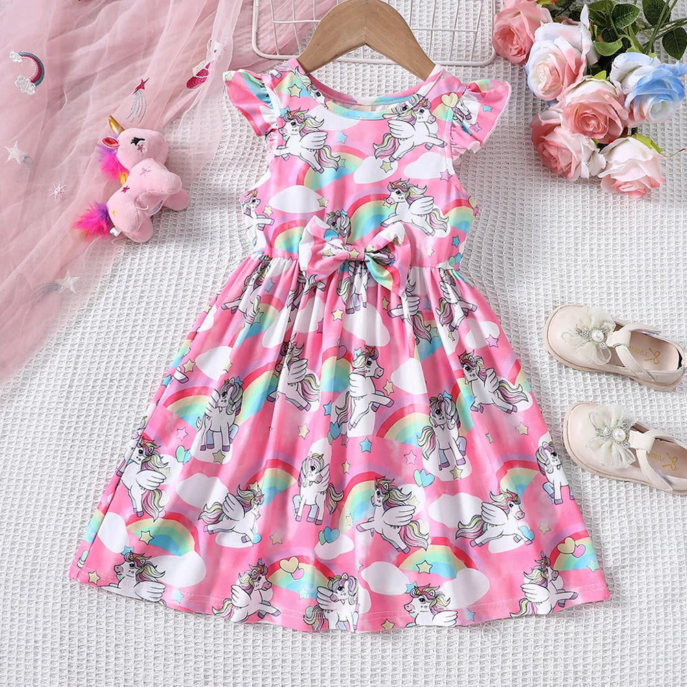 Girls' Summer Cartoon Unicorn Rainbow Printed Dress