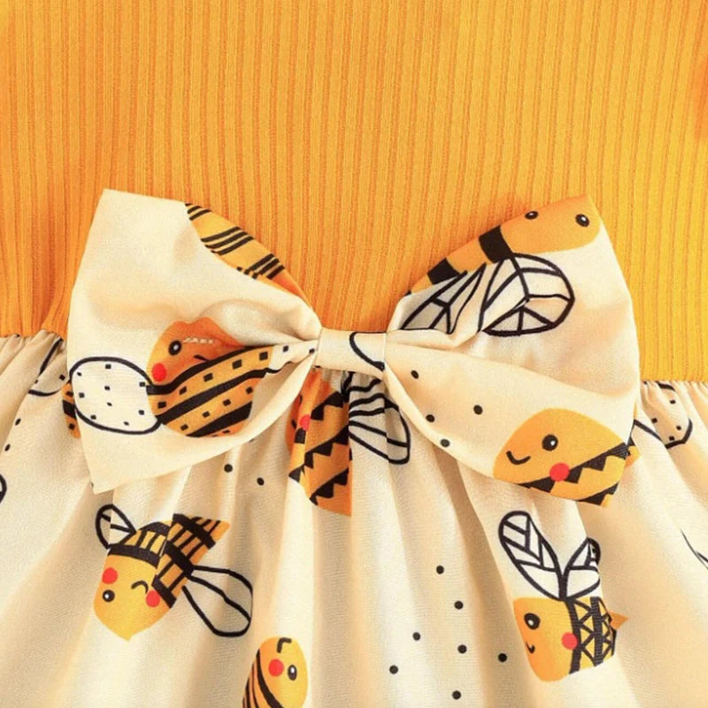 Baby Girl Dress) Summer New Yellow Little Fly Sleeves Cute Bee Children'S Sleeveless Clothes+Bow Headband