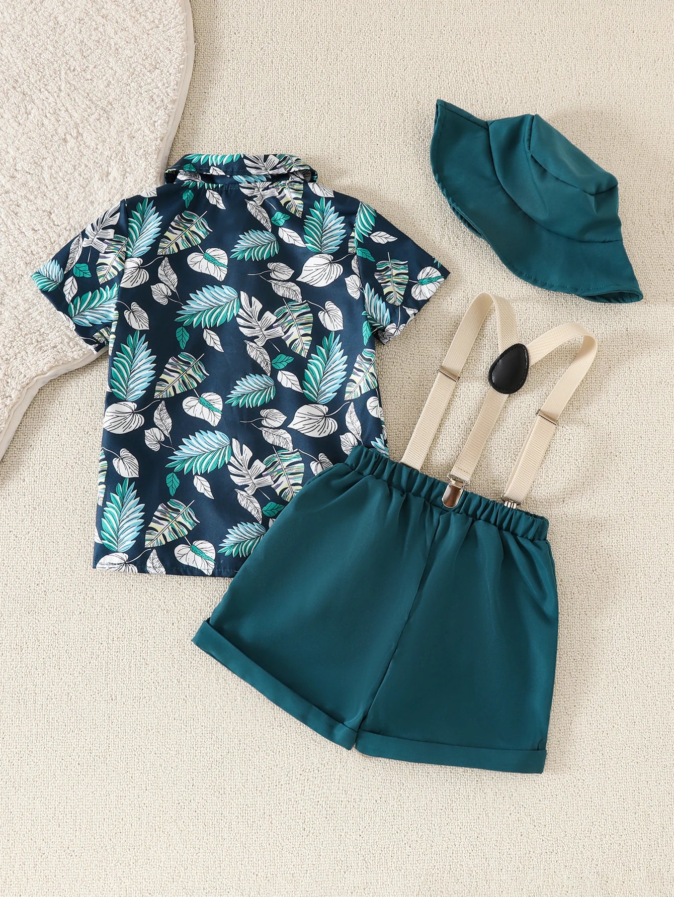 Baby boy spring and summer beach vacation set with maple leaf print top, short sleeves, shorts, hat, and belt – 4 pieces