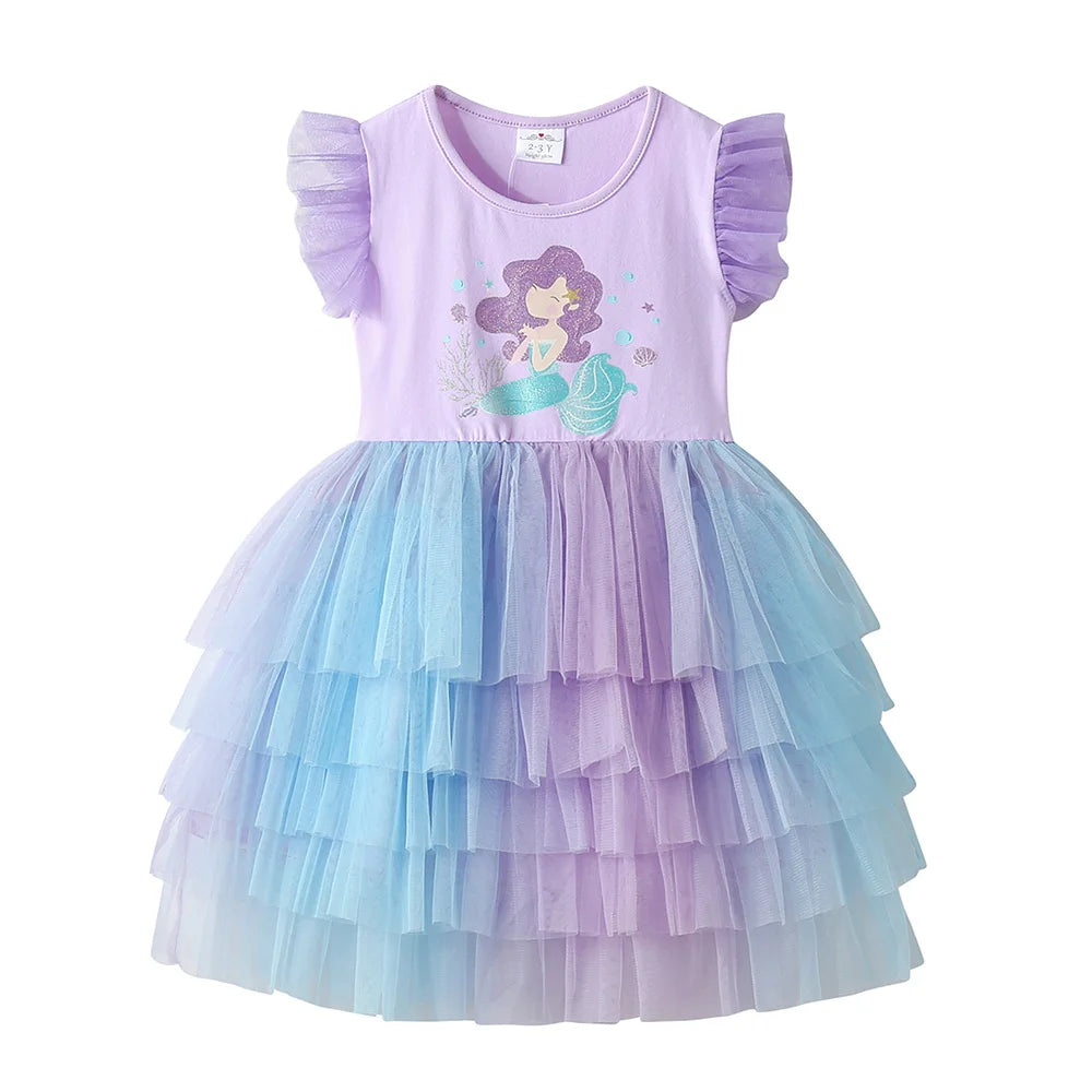 VIKITA Kids Princess Party Daily Summer Tutu Dress Girl Mermaid Purple Costumes Kids Elegant Tulle Mesh Prom Gown 3-10 Yrs