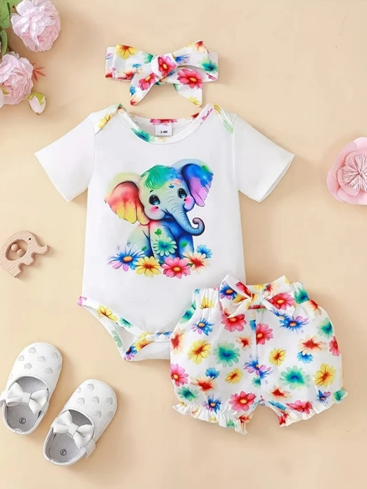 Newborn Baby 3-Piece Outfit Set: Watercolor Elephant Bodysuit + Floral Shorts + Bow Headband  - Cute Spring/Summer Clothes