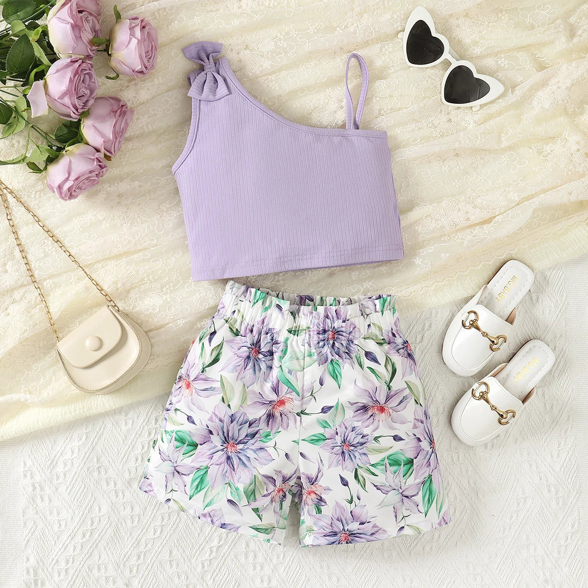 Summer Kids Girl Clothes Set Suspenders Bow Top+Flower Shorts Fashion Sense Design Party Costume For Child Girls 1-8 Years