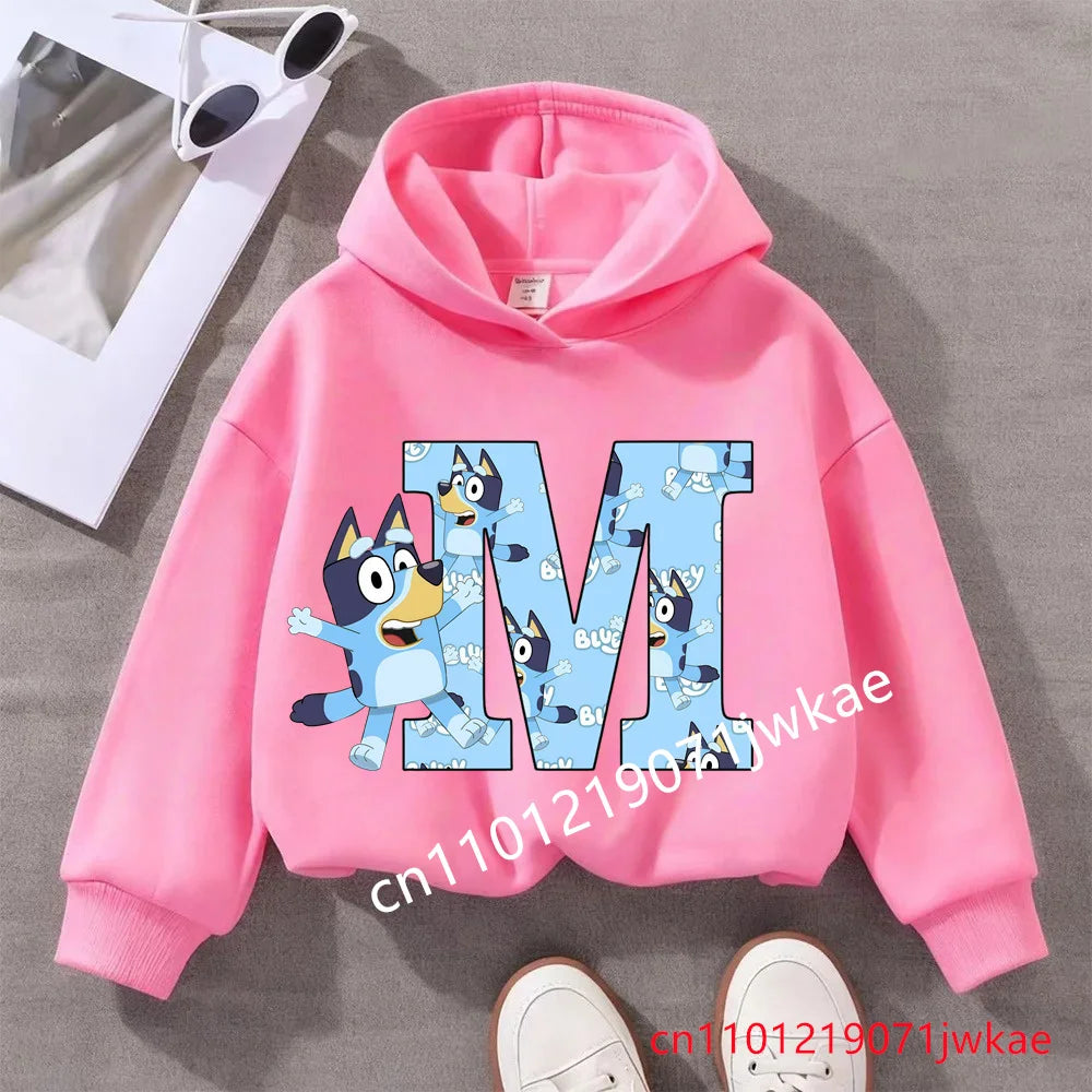 Kids Bluey Letter ABCD Pattern Printing Hooded Sweatshirt Fall Winter Warm Soft Pullover Comfortable Playwear for Boys Girls