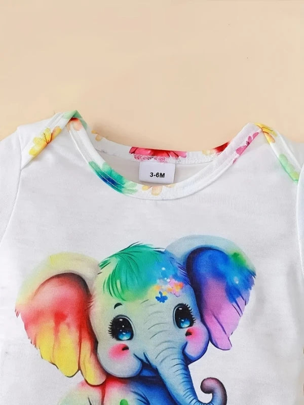 Newborn Baby 3-Piece Outfit Set: Watercolor Elephant Bodysuit + Floral Shorts + Bow Headband  - Cute Spring/Summer Clothes