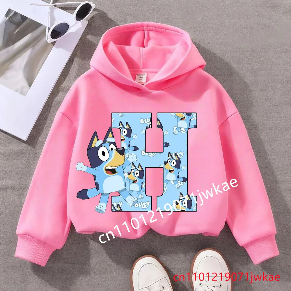 Kids Bluey Letter ABCD Pattern Printing Hooded Sweatshirt Fall Winter Warm Soft Pullover Comfortable Playwear for Boys Girls