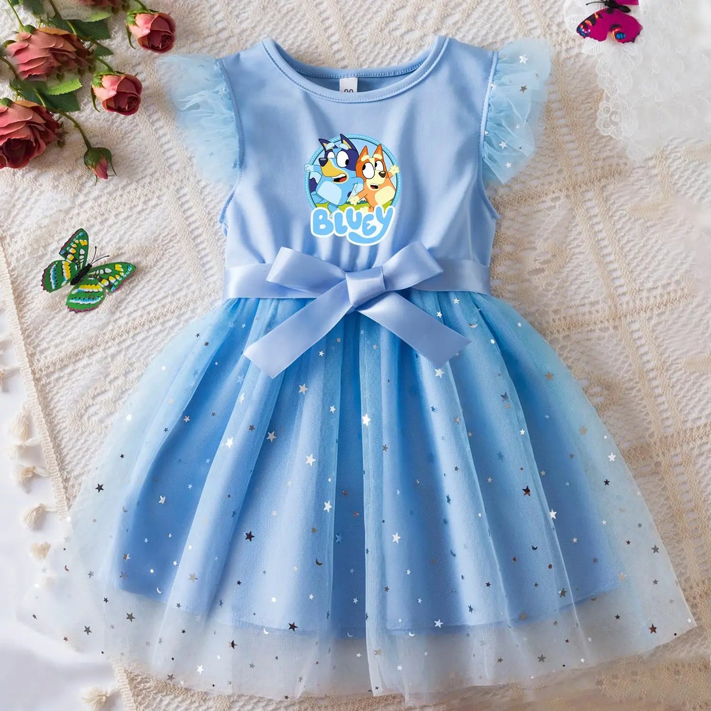 Bluey Girls Sequin Tutu Dress with Bow Flutter Sleeves Summer Princess Party Outfit for Toddler Kids 2-6 Years