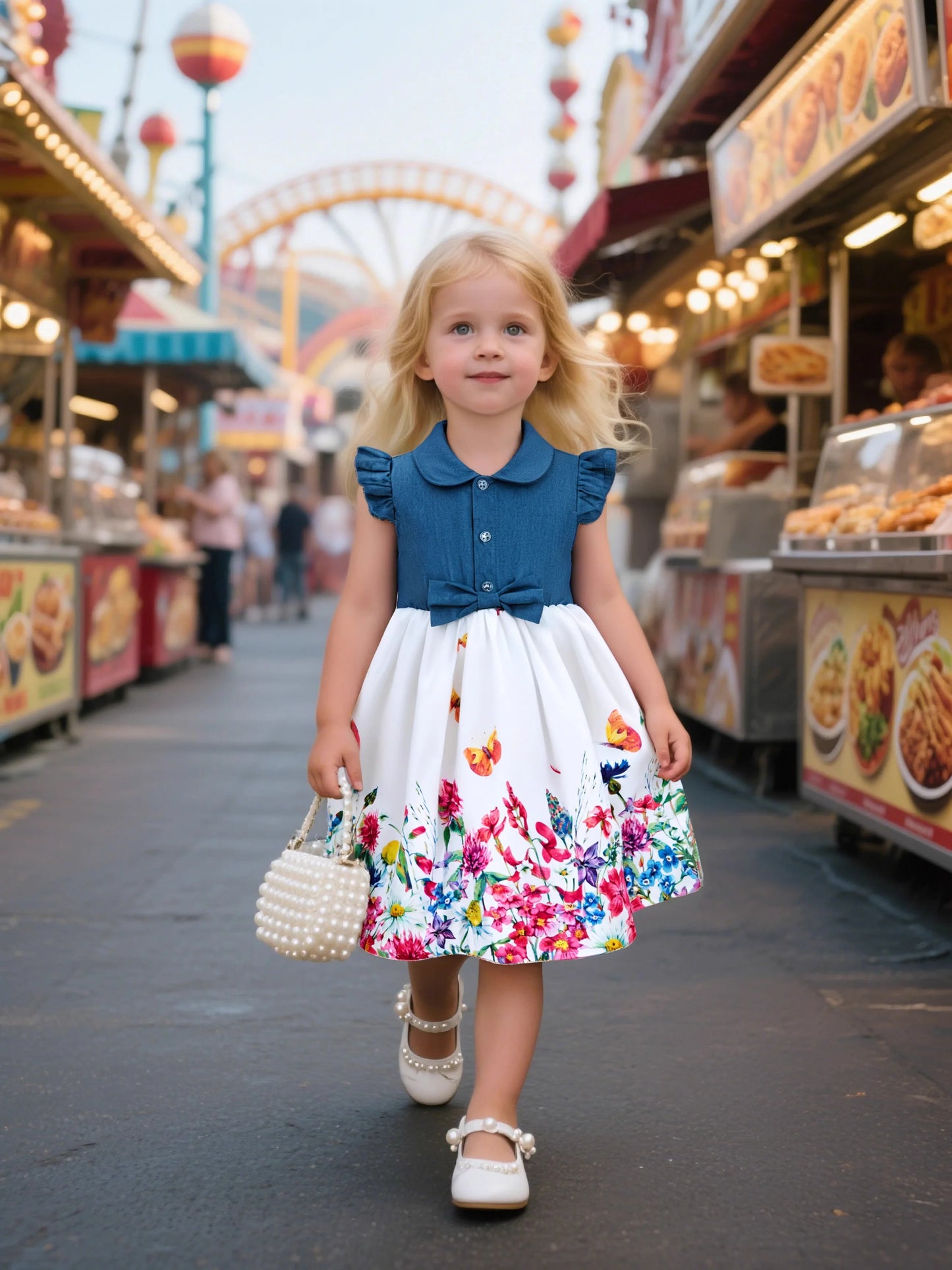Girls Summer Dresses Sleeveless Butterfly Flower Print Dress for Girls Casual Denim Splicing Skirt Children Clothes