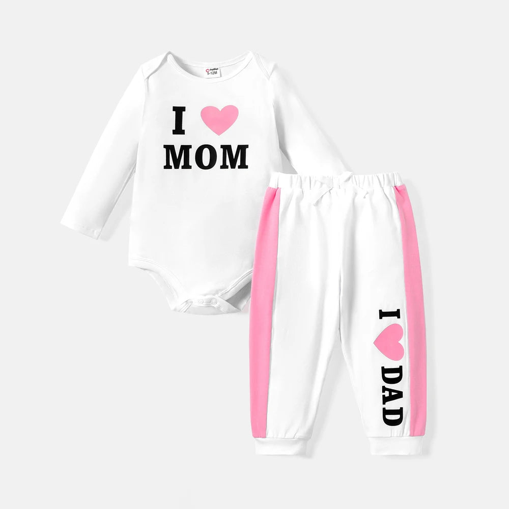 PatPat 2pcs Baby Girl Cotton Long-sleeve Heart & Letter Print Romper and Sweatpants Set