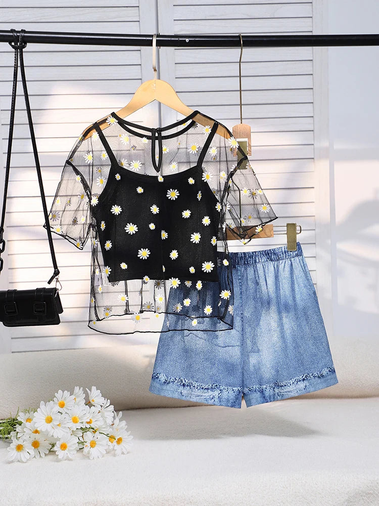 Three Piece Set Of Cute And Fresh Thin Printed Pullover, Solid Color Tank Top, And Printed Shorts For Girls And Children