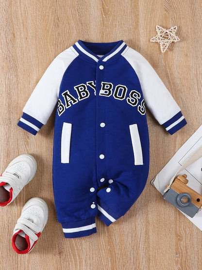 Fashionable letter printed long sleeved round neck cute and personalized baby boy jumpsuit