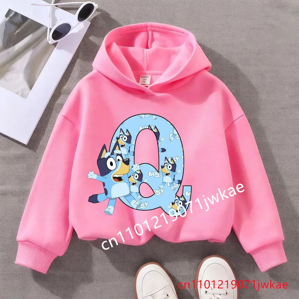 Kids Bluey Letter ABCD Pattern Printing Hooded Sweatshirt Fall Winter Warm Soft Pullover Comfortable Playwear for Boys Girls