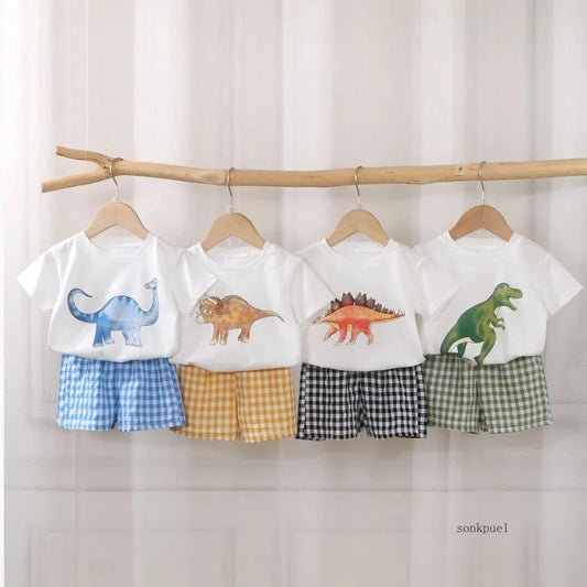 Baby Clothes Set Newborn Boys Casual Dinosaur Print Short Sleeved T-shirt+plaid Shorts Toddler Girl Summer Kids Outfit Set