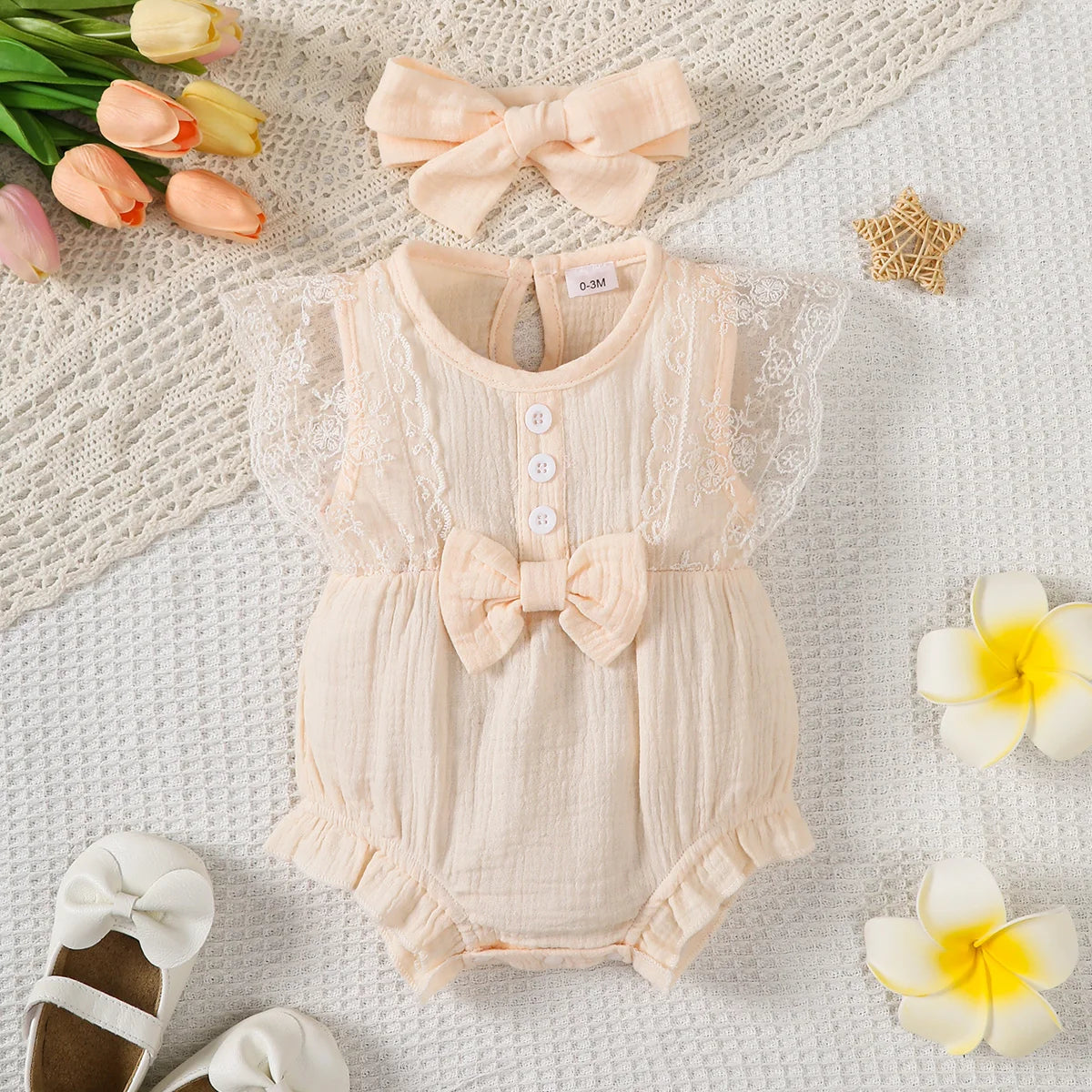 0-18 Months Old Newborn Solid Color Sleeveless Round Neck Lace Edge Bow Romper+Headband Baby Girl Summer New Casual Jumpsuit