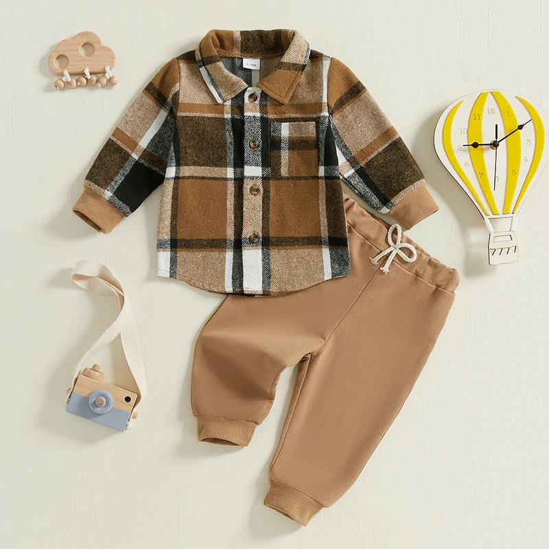 Baby Boy Autumn Clothes Outfits Plaid Print Long Sleeve Shirt and Elastic Band Pants 2 Piece Sets for Toddler