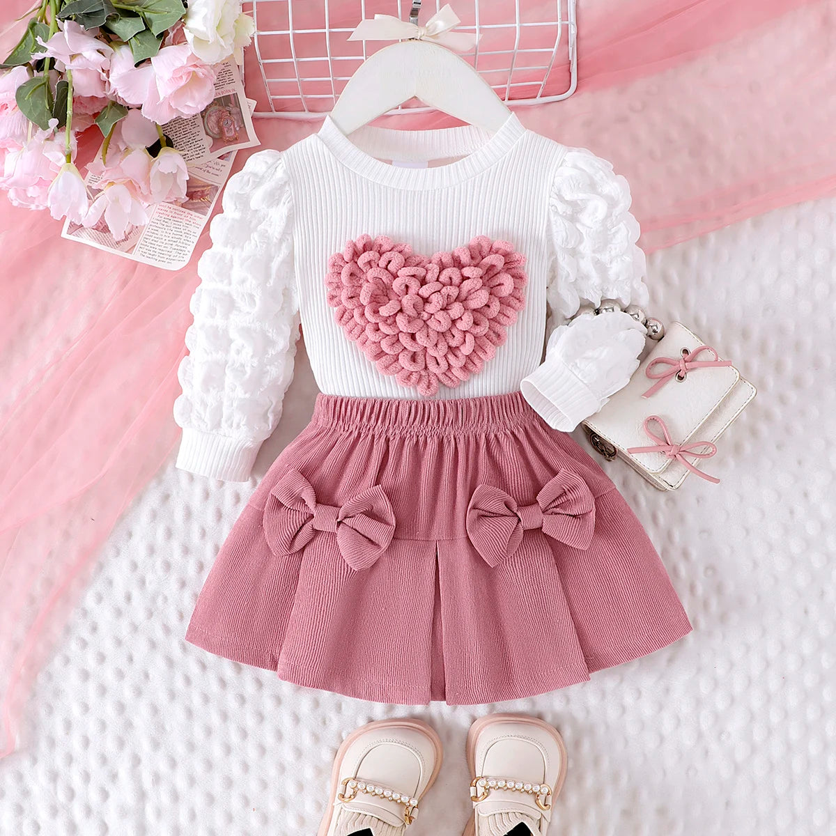 Winter 2PCS New Style For 0-3 Year Old Girls, Comfortable Sweet And Cute Bubble Sleeves, Love Chapter Top + Pink Short Skirt Set