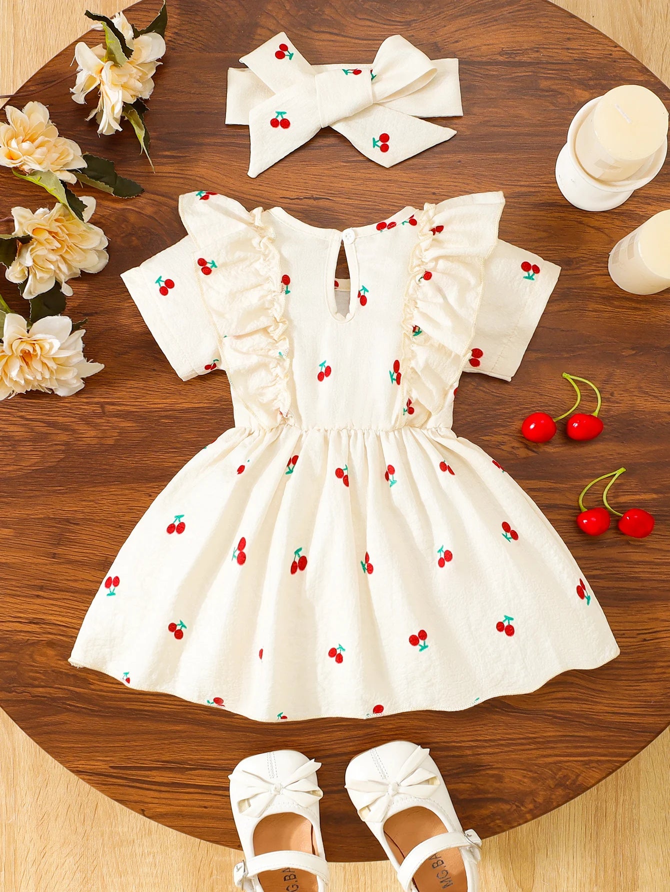 2pc Dress Set: Summer Cherry Print, Ideal for Daily Wear, Birthday Party & Summer Photoshoot, for Baby Girl (0-4Y), Toddler Girl