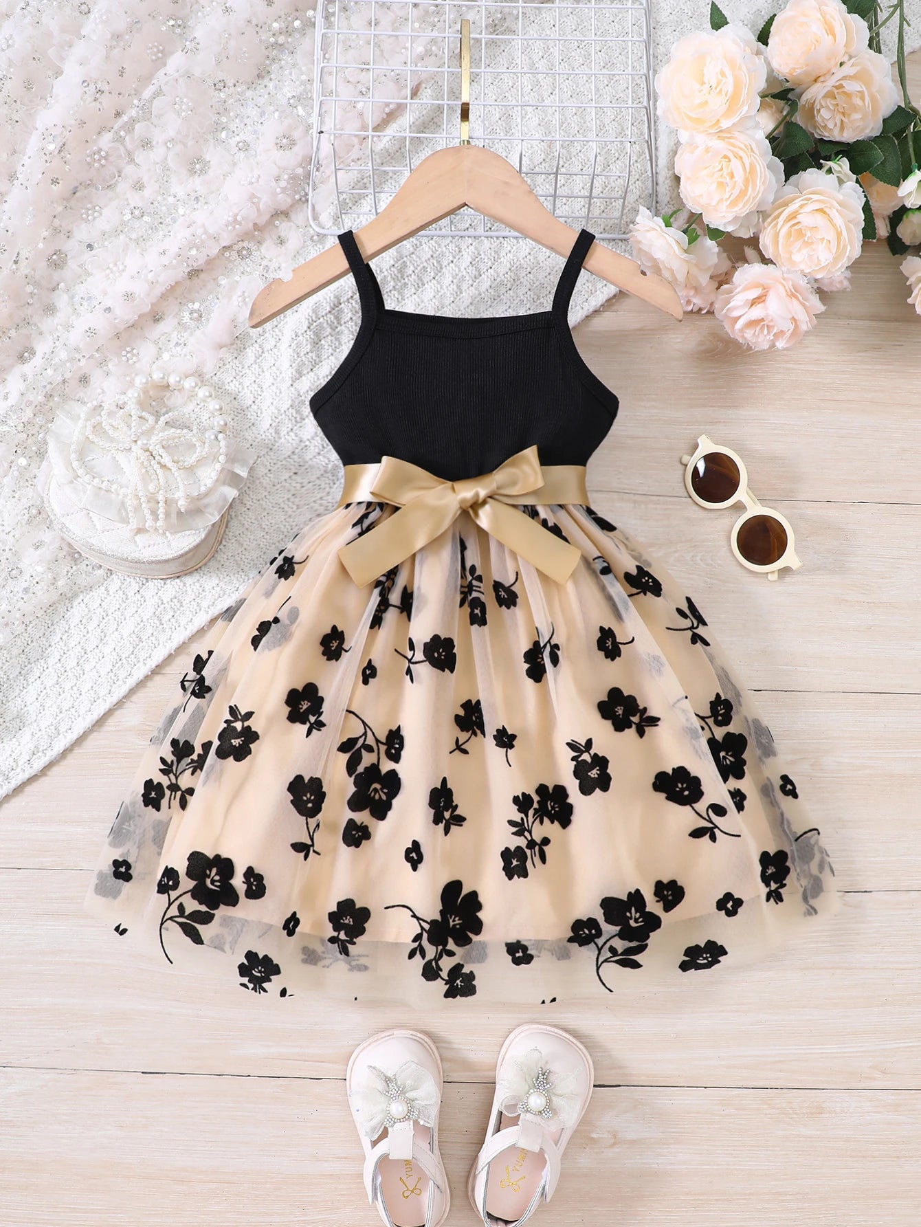 Girls Spring Summer Fashion Knitted Sling Flower Flocking Mesh Casual Dress Princess Dress Party Holiday Casual Vacation Gift