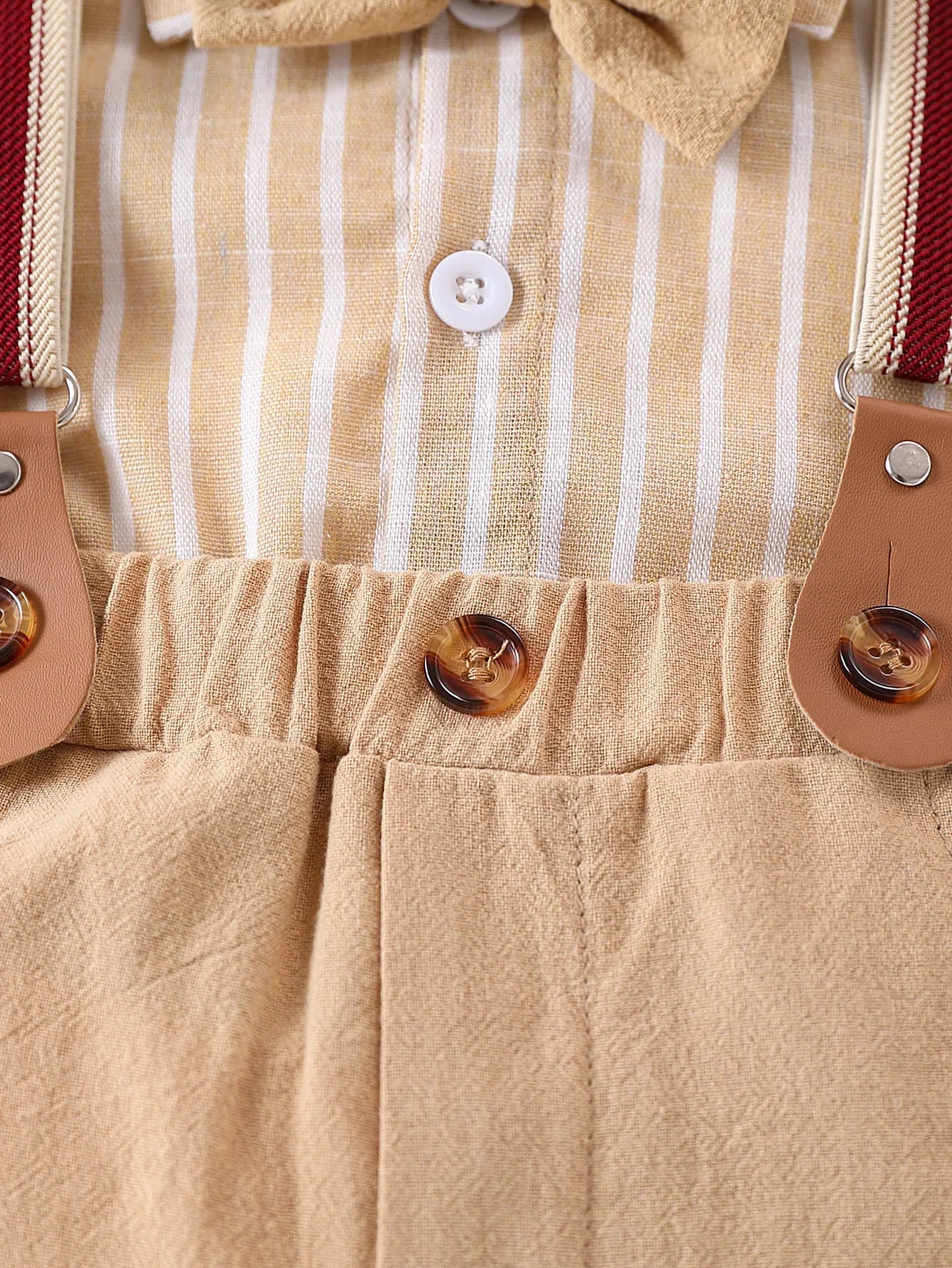 Set of male baby gentleman's clothing, short sleeved shirt, bow tie, tie and suspender, long pants, spring and summer