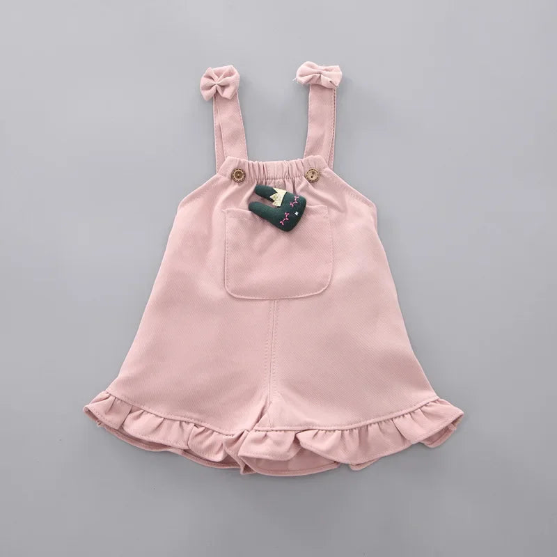 Cute Toddler Baby Girl T-shirt+Suspender Shorts Outing Clothes New Fashion Bay Sets Suits (No Shoes No Bag)
