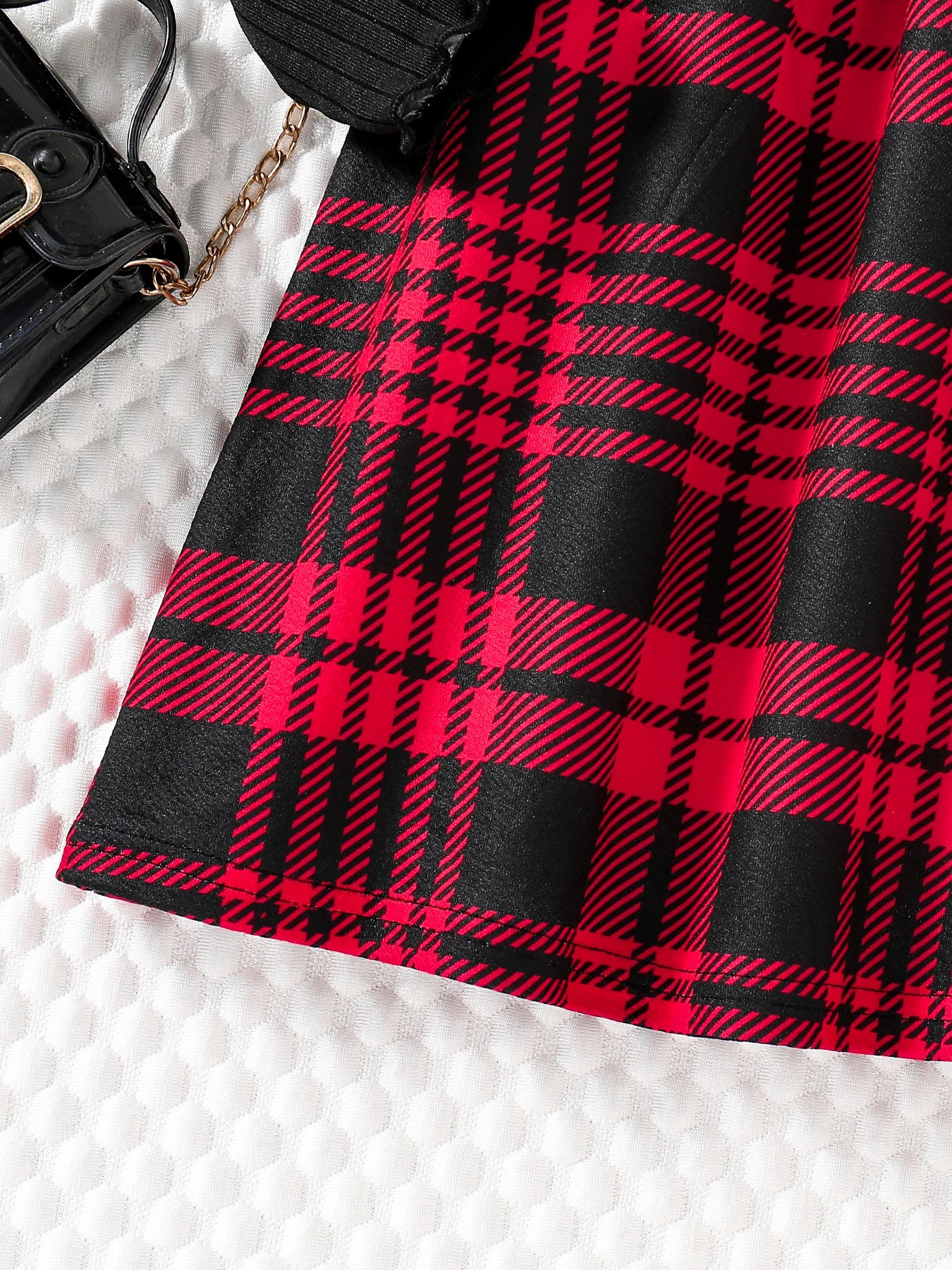 Spring & Autumn Kids Cute Fashion dress Girls Casual Solid color round neck wing sleeve shirt Red plaid skirt ceremonial dress s