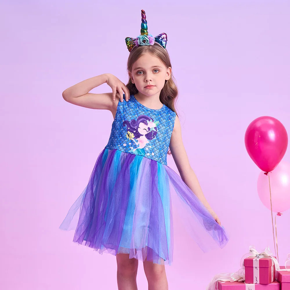 VIKITA Girls Mermaid Scale Print Dress Kids Sleeveless Summer Cartoon Blue Purple Ombre Tulle Princess Party Beach Casual Frocks