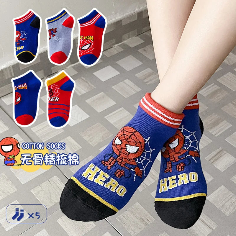 Spiderman 5 Pairs Children Socks Anime Kids Boys Short Sock Kawaii Child Cartoon Baby Summer Spring Boat Socks Kids Gift 1-12Y