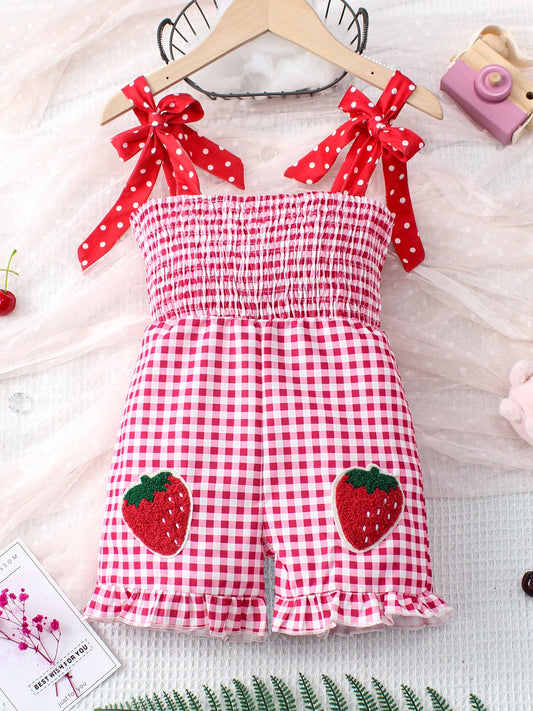 Summer Girl Sling jumpsuit Fashion plaid red embroidered strawberry pattern cute and playful girl baby