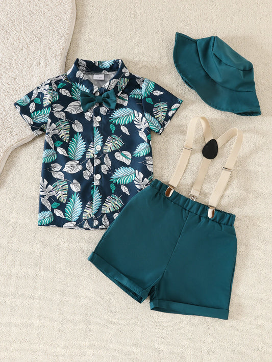 Baby boy spring and summer beach vacation set with maple leaf print top, short sleeves, shorts, hat, and belt – 4 pieces