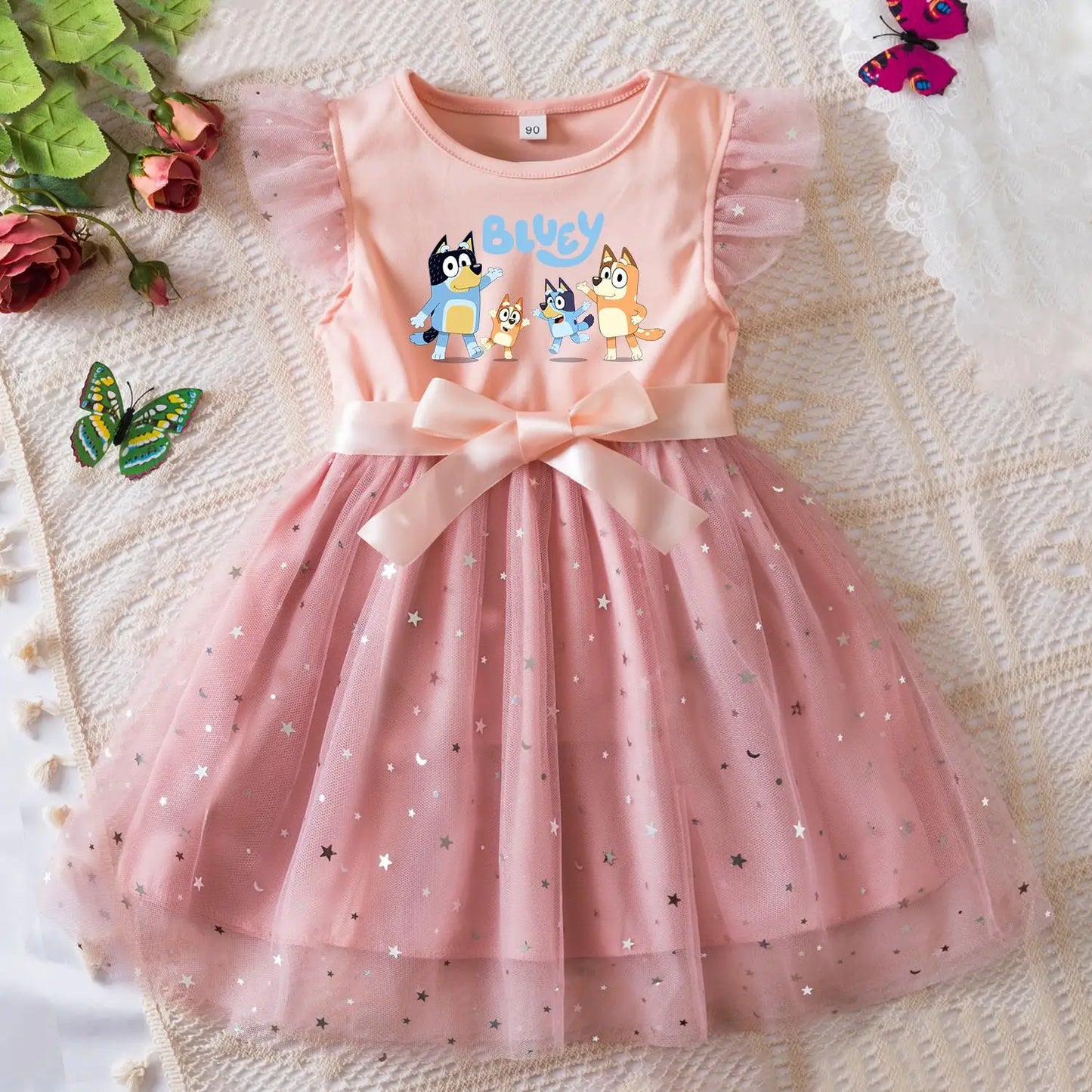 Bluey Girls Sequin Tutu Dress with Bow Flutter Sleeves Summer Princess Party Outfit for Toddler Kids 2-6 Years