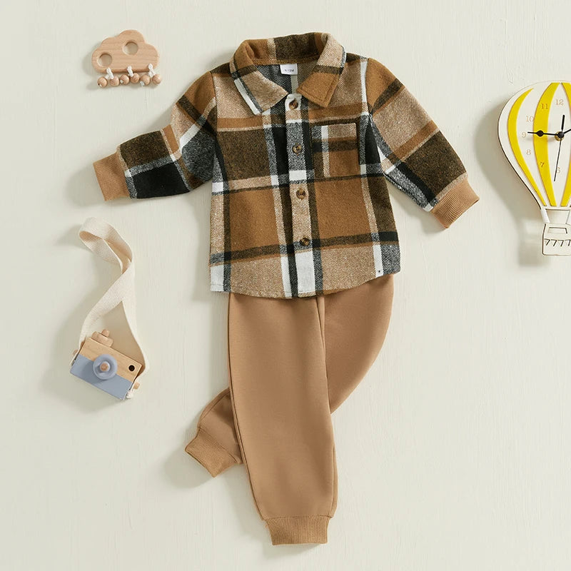 Baby Boy Autumn Clothes Outfits Plaid Print Long Sleeve Shirt and Elastic Band Pants 2 Piece Sets for Toddler