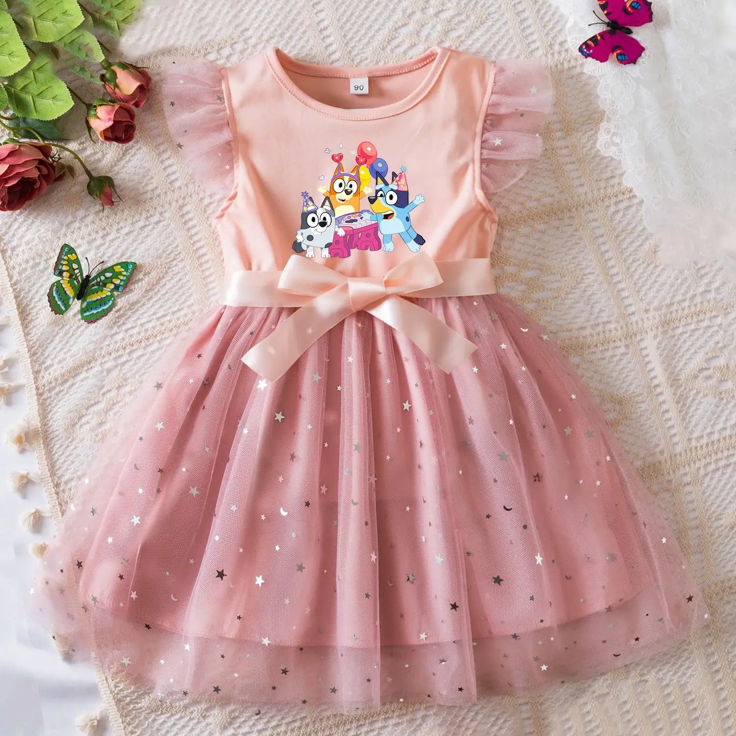 Bluey Girls Sequin Tutu Dress with Bow Flutter Sleeves Summer Princess Party Outfit for Toddler Kids 2-6 Years