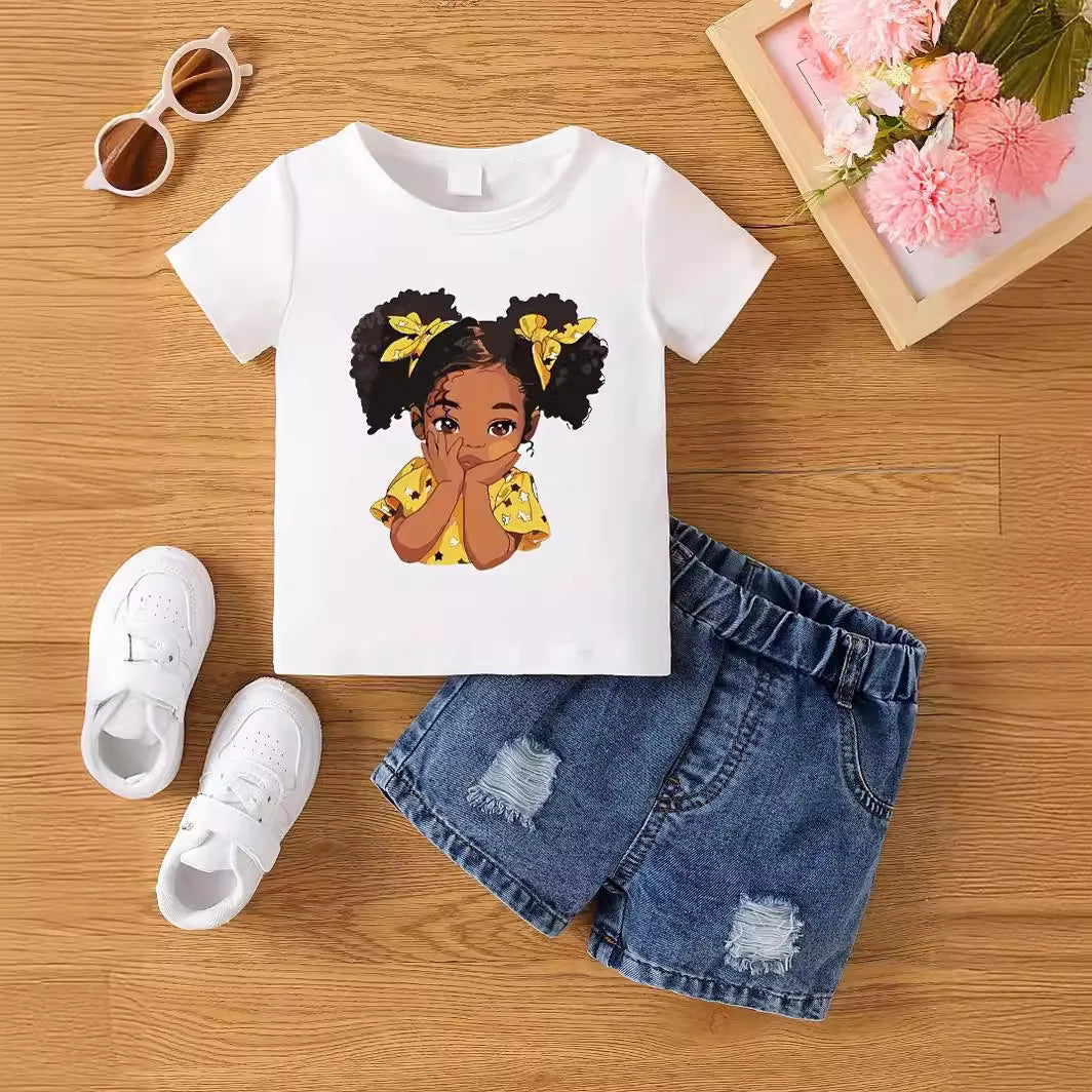 Aby Boys and Girls Summer Hot Painted Round Neck Short-sleeved Top Girls Just T-shirts. Shorts not included