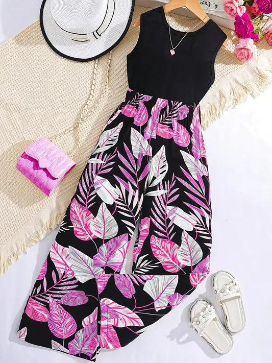 Girls Tropical Jumpsuit – Black Sleeveless Top with Pink Leaf Print Wide Leg Pants Romper for Summer