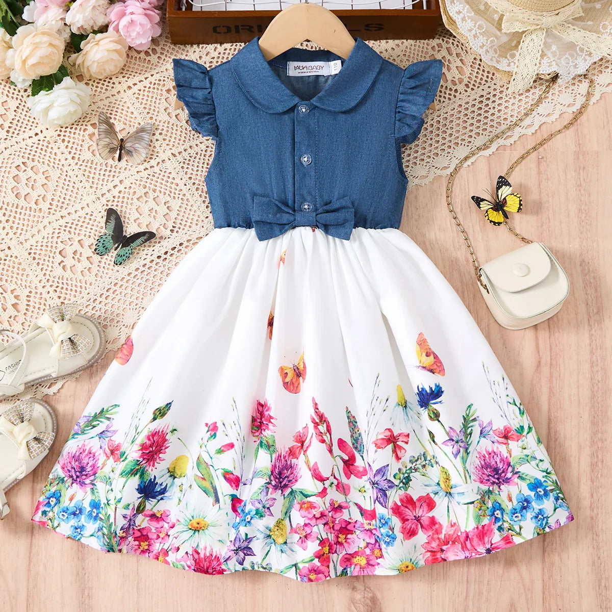 Girls Summer Dresses Sleeveless Butterfly Flower Print Dress for Girls Casual Denim Splicing Skirt Children Clothes
